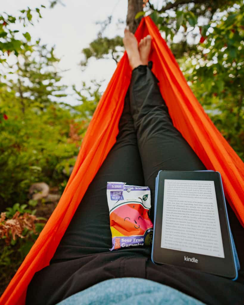 woman relaxing after a full day of backpacking