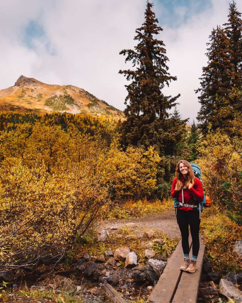 Women backpacker on the trail in the Canadian Rockies