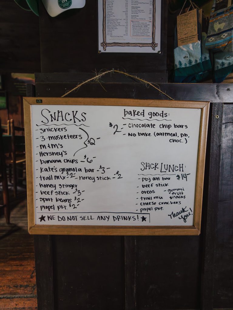 Snack List at Mt LeConte Lodge